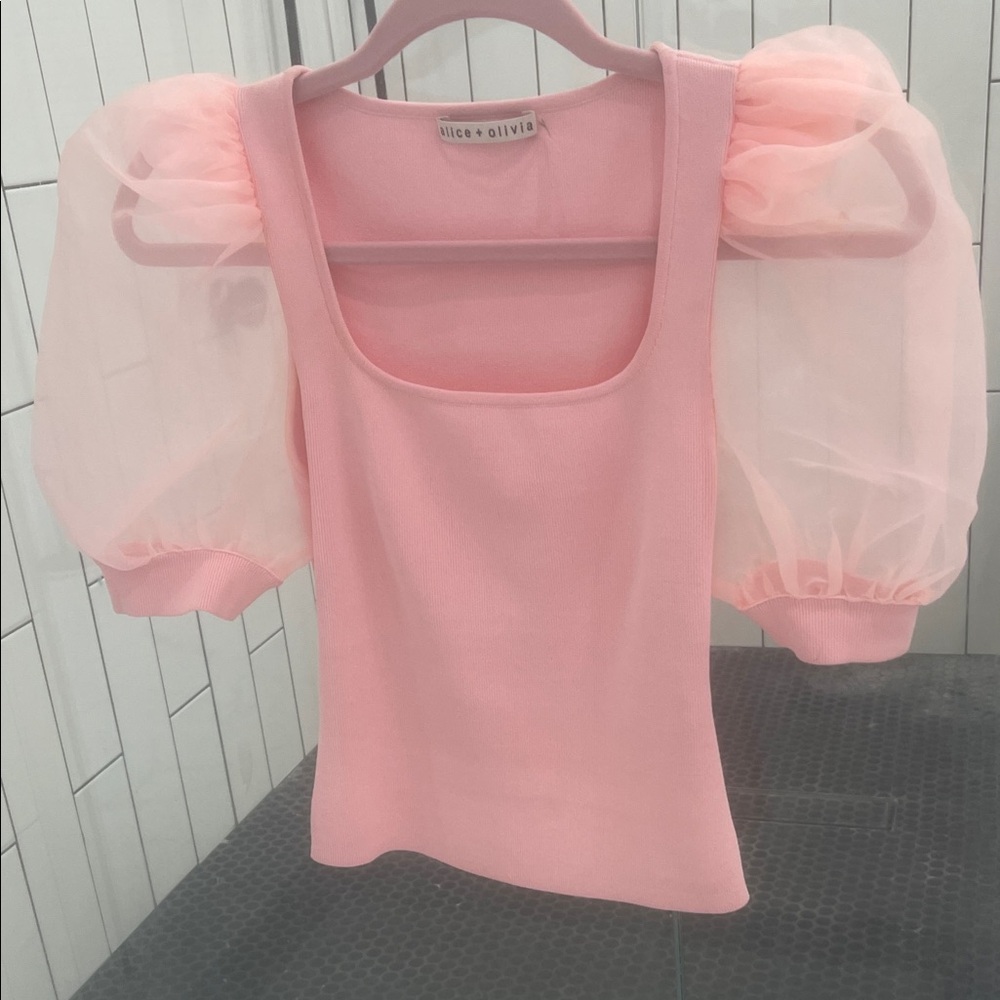 Alice + Olivia Soft Pink Sheer Puff Sleeve Blouse